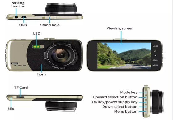 Draadloze 4 inch 1080p auto DVR 4K Dash Cam dubbele lens voor en achter